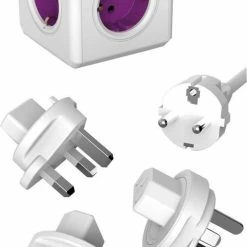 Aanbiedingen ⌛ DesignNest PowerCube ReWirable Reisstekker + 3x Wereldstekkers + 1 Meter IEC EU Kabel DE - Wit/Paars - 5 Stopcontacten - Wereld Adapter 🔔 -Reisbagage-Reisaccessoires Winkel 483x840
