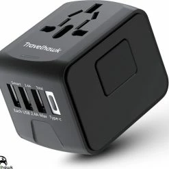 Begroting 🧨 TravelHawk Universele Wereldstekker Met USB-C En 3 USB Poorten - Reisstekker - Internationale Reisstekker Voor 150+ Landen - Amerika (USA) - Engeland (UK) - Australië - Azië - Zuid Amerika - Afrika - Wereldstekkers - Zwart 👍