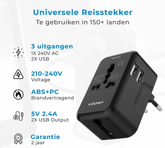 Nieuw ✨ Voomy Reisstekker Wereld - 150+ Landen - 2 USB Poorten - Wereldstekker - Zwart ⭐ 8 Nieuw ✨ Voomy Reisstekker Wereld - 150+ Landen - 2 USB Poorten - Wereldstekker - Zwart ⭐ - Afbeelding 6