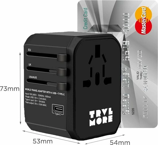 Nieuw ❤️ TRVLMORE TravelMore Universele Wereldstekker Met USB-C En 4 USB Poorten - 2000 Watt Internationale Reisstekker Voor 150+ Landen - Zwart 😍 7 Nieuw ❤️ TRVLMORE TravelMore Universele Wereldstekker Met USB-C En 4 USB Poorten - 2000 Watt Internationale Reisstekker Voor 150+ Landen - Zwart 😍 - Afbeelding 5
