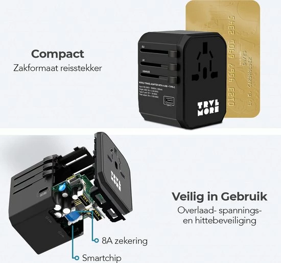 Nieuw ❤️ TRVLMORE TravelMore Universele Wereldstekker Met USB-C En 4 USB Poorten - 2000 Watt Internationale Reisstekker Voor 150+ Landen - Zwart 😍 5 Nieuw ❤️ TRVLMORE TravelMore Universele Wereldstekker Met USB-C En 4 USB Poorten - 2000 Watt Internationale Reisstekker Voor 150+ Landen - Zwart 😍 - Afbeelding 3