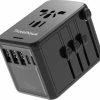 Hete verkoop 🤩 TravelHawk Universele Wereldstekker Met 2x Fastcharge USB-C En 3 USB Poorten - Reisstekker - Internationale Reisstekker Voor 150+ Landen - Amerika (USA) - Engeland (UK) - Australië - Azië - Zuid Amerika - Afrika - Wereldstekkers - Zwart 🎁