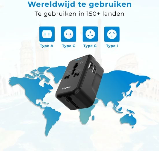 Nieuw ✨ Voomy Reisstekker Wereld - 150+ Landen - 2 USB Poorten - Wereldstekker - Zwart ⭐ 4 Nieuw ✨ Voomy Reisstekker Wereld - 150+ Landen - 2 USB Poorten - Wereldstekker - Zwart ⭐ - Afbeelding 2