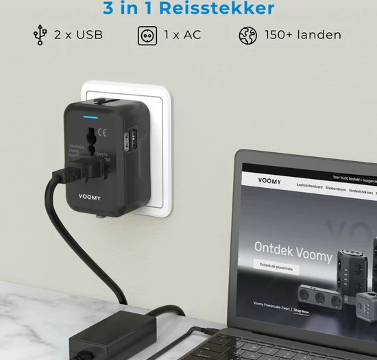 Nieuw ✨ Voomy Reisstekker Wereld - 150+ Landen - 2 USB Poorten - Wereldstekker - Zwart ⭐ 11 Nieuw ✨ Voomy Reisstekker Wereld - 150+ Landen - 2 USB Poorten - Wereldstekker - Zwart ⭐ - Afbeelding 9