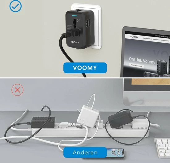 Nieuw ✨ Voomy Reisstekker Wereld - 150+ Landen - 2 USB Poorten - Wereldstekker - Zwart ⭐ 5 Nieuw ✨ Voomy Reisstekker Wereld - 150+ Landen - 2 USB Poorten - Wereldstekker - Zwart ⭐ - Afbeelding 3