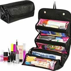 Begroting ⌛ Merkloos Roll N Go Make-up Tas – Zwart / Roze 🎉