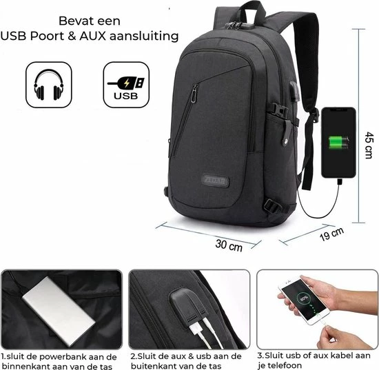 Promo ✔️ Anti Diefstal Waterdichte Rugzak Inclusief Usb Oplaadstation - Laptop Tas 14 T/m 15,6 Inch - Voor Dames En Heren En Jongens - Schooltas - Zwart Van Zedar ⌛ 7 Promo ✔️ Anti Diefstal Waterdichte Rugzak Inclusief Usb Oplaadstation - Laptop Tas 14 T/m 15,6 Inch - Voor Dames En Heren En Jongens - Schooltas - Zwart Van Zedar ⌛ - Afbeelding 5
