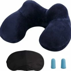 Aanbiedingen ❤️ Travel Time Traveltime - Opblaasbaar Nekkussen Met Opbergtasje - Vliegtuig Kussen - Reiskussentje - Fluweel - U-Vorm - Blauw ✔️