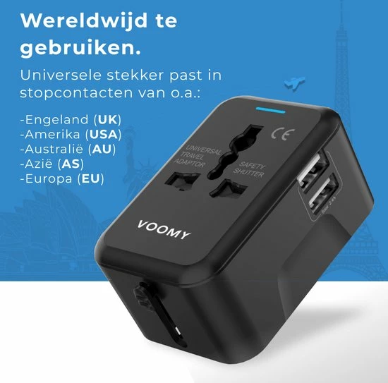 Nieuw ✨ Voomy Reisstekker Wereld - 150+ Landen - 2 USB Poorten - Wereldstekker - Zwart ⭐ 6 Nieuw ✨ Voomy Reisstekker Wereld - 150+ Landen - 2 USB Poorten - Wereldstekker - Zwart ⭐ - Afbeelding 4