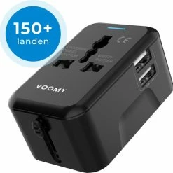 Nieuw ✨ Voomy Reisstekker Wereld - 150+ Landen - 2 USB Poorten - Wereldstekker - Zwart ⭐