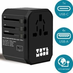 Nieuw ❤️ TRVLMORE TravelMore Universele Wereldstekker Met USB-C En 4 USB Poorten - 2000 Watt Internationale Reisstekker Voor 150+ Landen - Zwart 😍