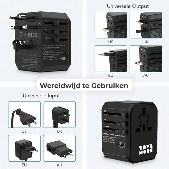 Nieuw ❤️ TRVLMORE TravelMore Universele Wereldstekker Met USB-C En 4 USB Poorten - 2000 Watt Internationale Reisstekker Voor 150+ Landen - Zwart 😍 8 Nieuw ❤️ TRVLMORE TravelMore Universele Wereldstekker Met USB-C En 4 USB Poorten - 2000 Watt Internationale Reisstekker Voor 150+ Landen - Zwart 😍 - Afbeelding 6