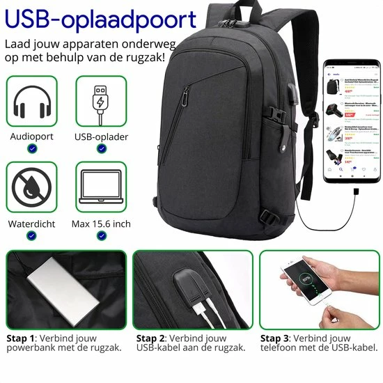 Beste deal 𧨠Wadu Anti Diefstal Waterdichte Rugzak Inclusief Usb Oplaadstation - 14 T/m 15.6 Inch - Zwart ⨠4 Beste deal 𧨠Wadu Anti Diefstal Waterdichte Rugzak Inclusief Usb Oplaadstation - 14 T/m 15.6 Inch - Zwart ⨠- Afbeelding 2