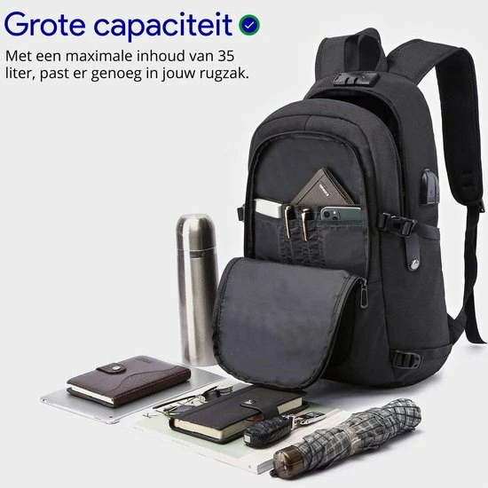 Beste deal 𧨠Wadu Anti Diefstal Waterdichte Rugzak Inclusief Usb Oplaadstation - 14 T/m 15.6 Inch - Zwart ⨠6 Beste deal 𧨠Wadu Anti Diefstal Waterdichte Rugzak Inclusief Usb Oplaadstation - 14 T/m 15.6 Inch - Zwart ⨠- Afbeelding 4