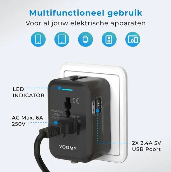 Nieuw ✨ Voomy Reisstekker Wereld - 150+ Landen - 2 USB Poorten - Wereldstekker - Zwart ⭐ 7 Nieuw ✨ Voomy Reisstekker Wereld - 150+ Landen - 2 USB Poorten - Wereldstekker - Zwart ⭐ - Afbeelding 5