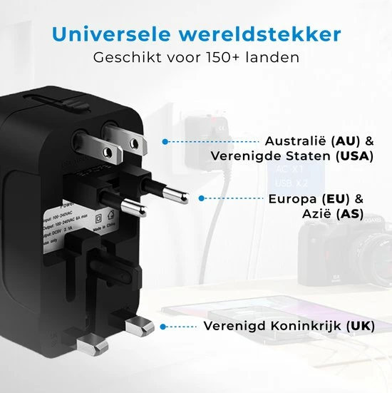 Nieuw ✨ Voomy Reisstekker Wereld - 150+ Landen - 2 USB Poorten - Wereldstekker - Zwart ⭐ 9 Nieuw ✨ Voomy Reisstekker Wereld - 150+ Landen - 2 USB Poorten - Wereldstekker - Zwart ⭐ - Afbeelding 7