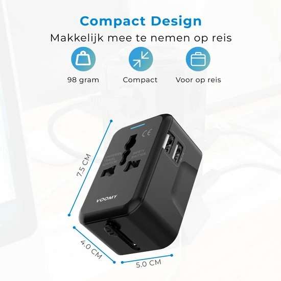 Nieuw ✨ Voomy Reisstekker Wereld - 150+ Landen - 2 USB Poorten - Wereldstekker - Zwart ⭐ 10 Nieuw ✨ Voomy Reisstekker Wereld - 150+ Landen - 2 USB Poorten - Wereldstekker - Zwart ⭐ - Afbeelding 8