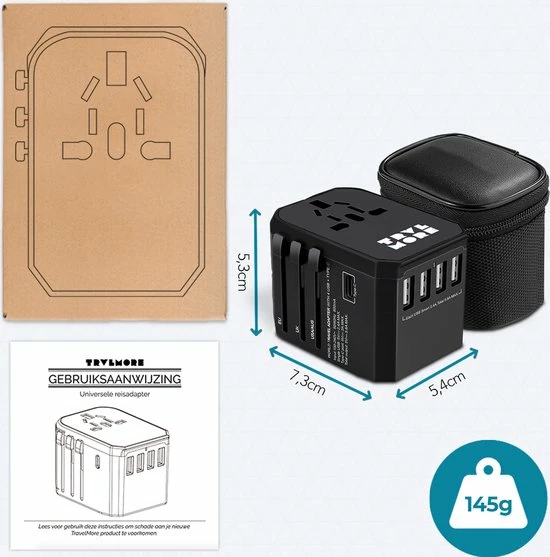 Nieuw ❤️ TRVLMORE TravelMore Universele Wereldstekker Met USB-C En 4 USB Poorten - 2000 Watt Internationale Reisstekker Voor 150+ Landen - Zwart 😍 11 Nieuw ❤️ TRVLMORE TravelMore Universele Wereldstekker Met USB-C En 4 USB Poorten - 2000 Watt Internationale Reisstekker Voor 150+ Landen - Zwart 😍 - Afbeelding 9