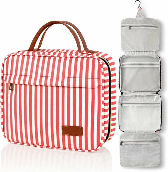 Beste Pirce 🎁 Pazzo Goods - Toilettas Met Haak - XXL - Reis Toilettas - Toilettas Dames - Gestreept - Rood Wit ⭐ 3 Beste Pirce 🎁 Pazzo Goods - Toilettas Met Haak - XXL - Reis Toilettas - Toilettas Dames - Gestreept - Rood Wit ⭐