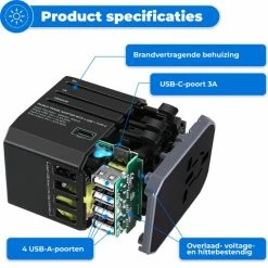 Goedkoopste 🌟 EKEO - Pro Universele Wereldstekker Met 4 USB Poorten En 1 USB-C - Internationale Reisstekker Meer Dan 200 Landen - Engeland (UK) - Amerika (USA) - Australië - Azië - Zuid Amerika - Afrika - Reis Adapter - Wereld Stekker - Oplader – Zwart 🤩 -Reisbagage-Reisaccessoires Winkel 550x573 2