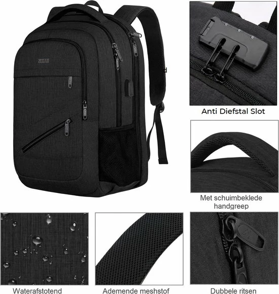 Promo π Anti Diefstal Waterdichte Rugzak Inclusief Usb Oplaadstation - Laptop Tas T/m 17 Inch - Voor Dames En Heren - Schooltas - Zwart Van Zedar π€© 5 Promo π Anti Diefstal Waterdichte Rugzak Inclusief Usb Oplaadstation - Laptop Tas T/m 17 Inch - Voor Dames En Heren - Schooltas - Zwart Van Zedar π€© - Afbeelding 3