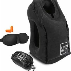 Hete verkoop 🌟 Framehack Zacht Opblaasbaar Reiskussen - Inclusief Slaapmasker, Oordopjes En Opbergzakje - Zwart 👏