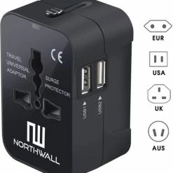 Coupon 🌟 Northwall Universele Wereldstekker Met 2 Fast Charge USB Poorten - Internationale Reisstekker Voor 150+ Landen - Engeland, Amerika, Zuid Afrika, USA, Italië, Uk, Australië, India, ... ✨