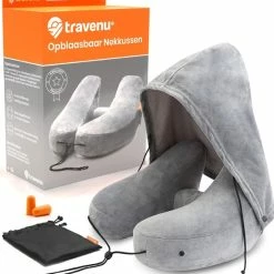 Goedkoop 🌟 Travenu Opblaasbaar Nekkussen Met Opbergtasje - Reiskussen - Met Capuchon & Oordoppen - Vliegtuigkussen - Ergonomisch - Grijs 💯