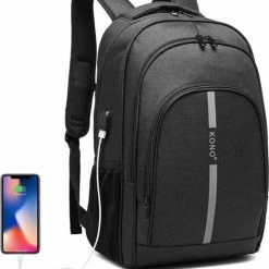 Aanbiedingen ✔️ Kono Rugzak - Laptoptas Inclusief USB Oplaadstation - 25 L Rugtas Voor Mannen/Vrouwen - Tas Met Reflecterende Strip - Waterdichte 🎒 Backpack - Tas Voor School/Werk/Reizen - Zwart (E1972) 🔥