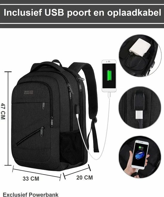 Promo π Anti Diefstal Waterdichte Rugzak Inclusief Usb Oplaadstation - Laptop Tas T/m 17 Inch - Voor Dames En Heren - Schooltas - Zwart Van Zedar π€© 6 Promo π Anti Diefstal Waterdichte Rugzak Inclusief Usb Oplaadstation - Laptop Tas T/m 17 Inch - Voor Dames En Heren - Schooltas - Zwart Van Zedar π€© - Afbeelding 4
